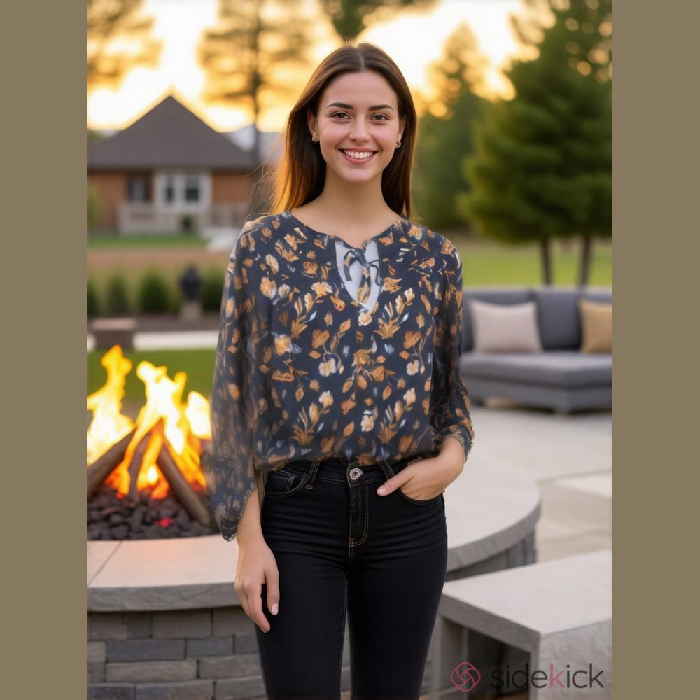 WOMEN'S Balloon Long Sleeve Tie-Front Floral Blouse